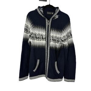 Alpaca Connection Hooded Zip Cardigan Sweater Fair isle Navy Gray Women M